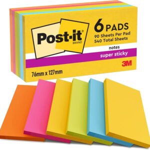 Post-it Notes Super Sticky, 6 Pads (540 Sheets), 5 mm x 76 mm
